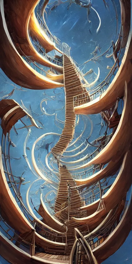 Image similar to a spiral upside - down edgy staircase to heaven, storm, lightnings, highly detailed, sharp focus, matte painting, by rhads, artgerm, isaac levitan and asher brown durand,