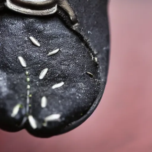 Image similar to the sole of my foot has holes in it that are filled with shiny black seeds,