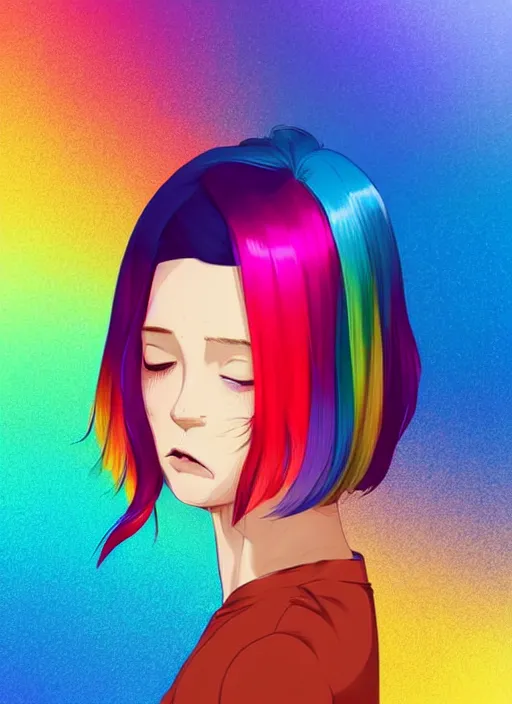 Prompt: a young woman with beautiful rainbow hair. she looks very sad. she is crying. clean cel shaded vector art. shutterstock. behance hd by lois van baarle, artgerm, helen huang, by makoto shinkai and ilya kuvshinov, rossdraws, illustration, art by ilya kuvshinov