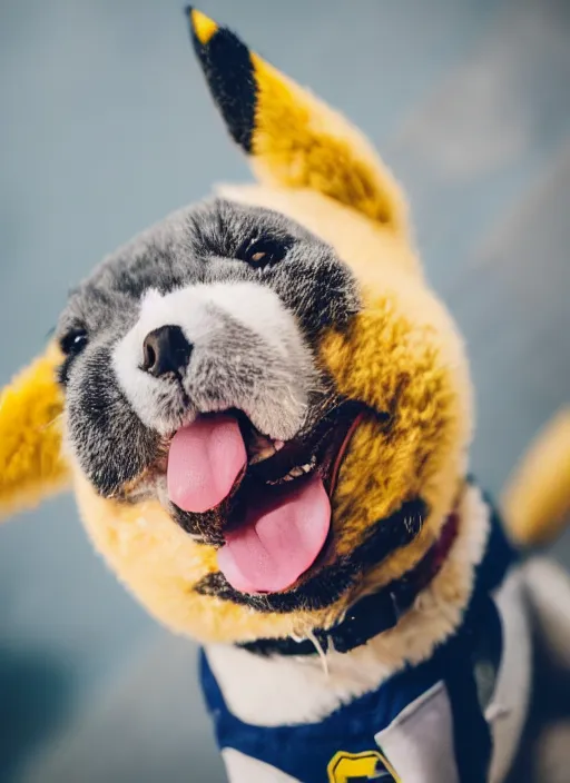 Prompt: a professional photo of pikachu smiling, f / 1. 4, 9 0 mm