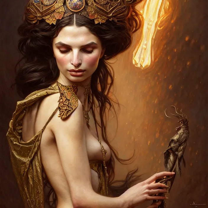 Image similar to ancient queen emily ratajkowski, diffuse lighting, fantasy, intricate, elegant, highly detailed, lifelike, photorealistic, digital painting, artstation, illustration, concept art, smooth, sharp focus, art by john collier and albert aublet and krenz cushart and artem demura and alphonse mucha