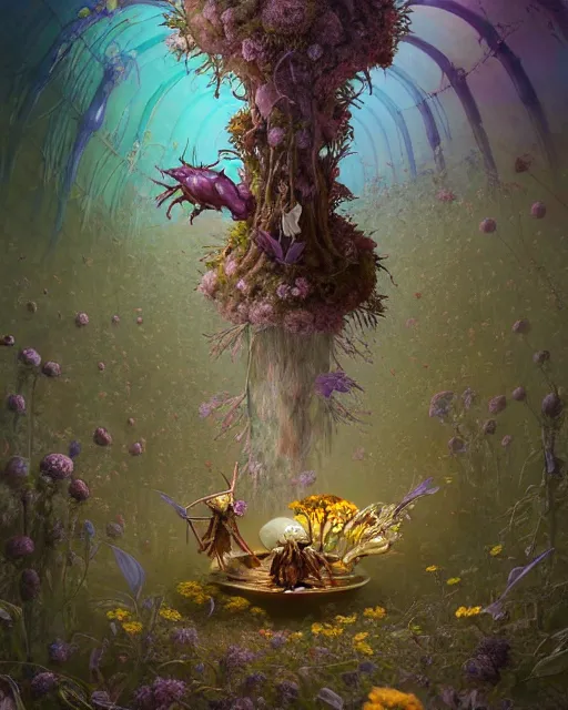 Prompt: the platonic ideal of flowers, rotting, insects and praying of cletus kasady carnage davinci dementor chtulu mandelbulb ponyo alice in wonderland dinotopia watership down, d & d, fantasy, ego death, decay, dmt, psilocybin, concept art by greg rutkowski and simon stalenhag and alphonse mucha