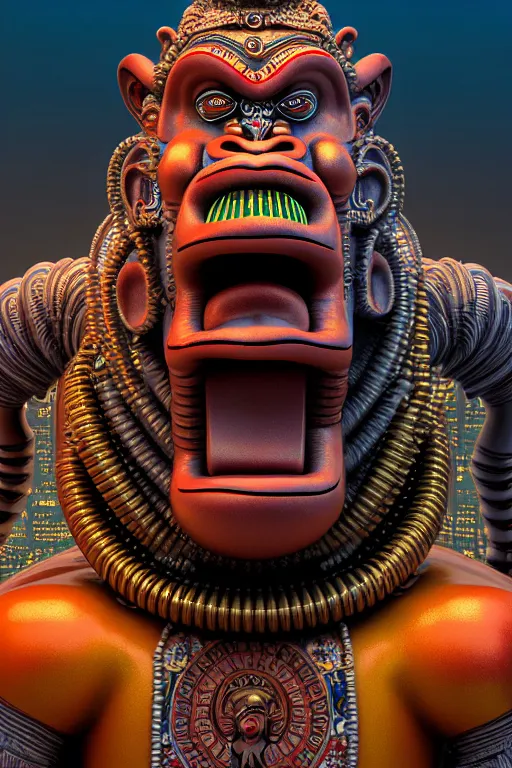 Image similar to high quality 3 d render post - rococo cyberpunk hanuman! head building, neon madhubani, open mouth, highly detailed, in sci - fi new delhi, cinematic smooth unreal engine, lee madgwick & liam wong, dramatic light, low angle, uhd 8 k, sharp focus