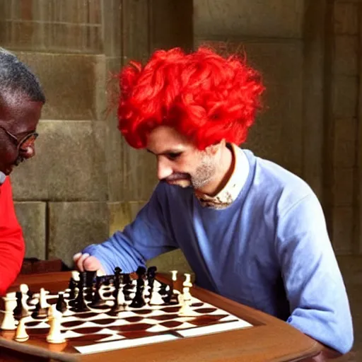 Prompt: a beautiful man wearing a red wig playing chess with an older janitor. baroque. high quality artgem trending fantastic exquisite