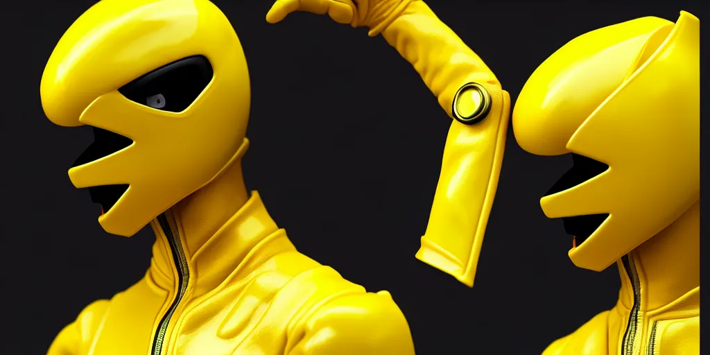 Prompt: symmetry!! portriat, a single yellow ranger, head and torso, artstation, art by murata, art by oda echiiro, lightning helmet, 3 d, jumpsuit, tracksuit, yellow, gloves, logo