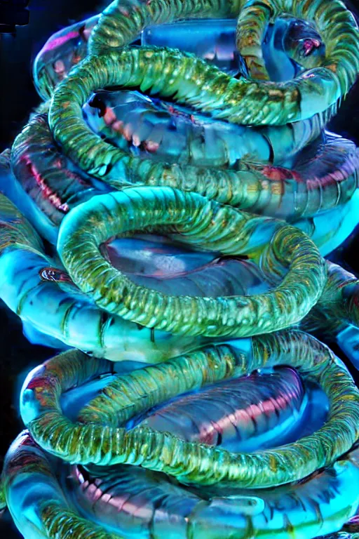 Prompt: high quality macro mecha gelatinous worms! gorgeous highly detailed hannah yata elson peter cinematic turquoise lighting high quality low angle hd 8k sharp shallow depth of field