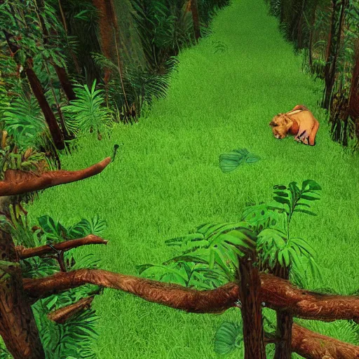 Prompt: I lion in the middle of the Amazon Rainforest in the style of the game Green Hell.