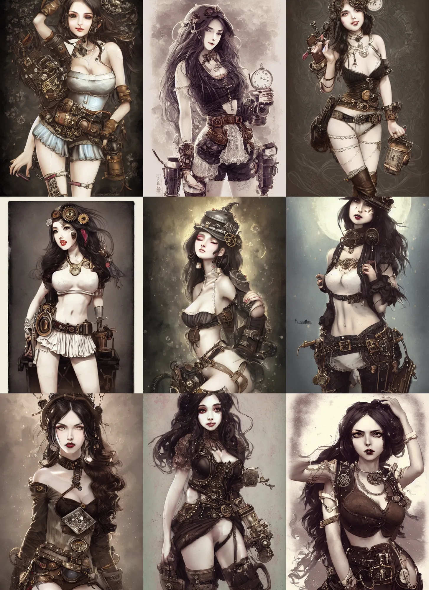 Image similar to daguerreotype of beautiful steampunk girl, white skin, long brunette hair, lipstick, short pants, belts, black croptop, junkyard, high fantasy, highly detailed, digital illustration, by rossdraws, sakimichan frank franzzeta