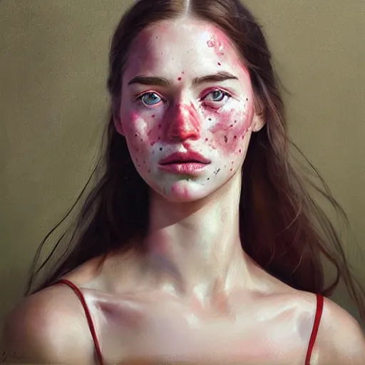 Image similar to Facial portrait of a pretty cottagecore girl, looking at the camera, slight awkward smile, lips slightly parted, hardly visible freckles, no hands visible, extremely detailed painting by Greg Rutkowski and by Steve Henderson and by Harumi Hironaka