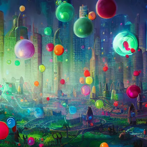 Image similar to a utopian city, filled with extremely colorful fauna, with bubbles floating around everywhere, dynamic lighting, fantasy concept art, trending on art station, stunning visuals, creative, cinematic, ultra detailed