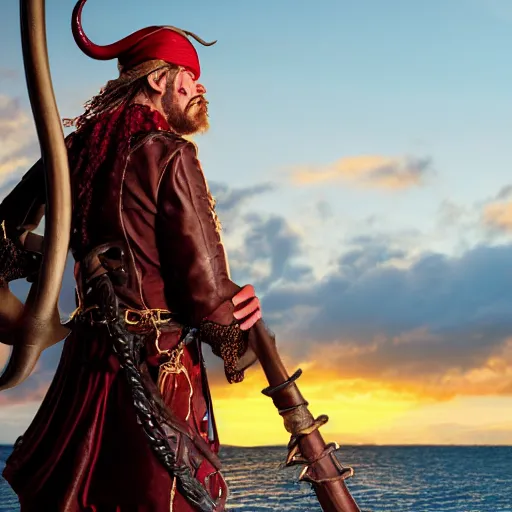 Prompt: a red - skinned horned male tiefling pirate wearing a pirate coat with shiny gold buckles and a rapier on his hip, standing at the prow of his ship looking out over the water, uhd, high detail, sunset lighting