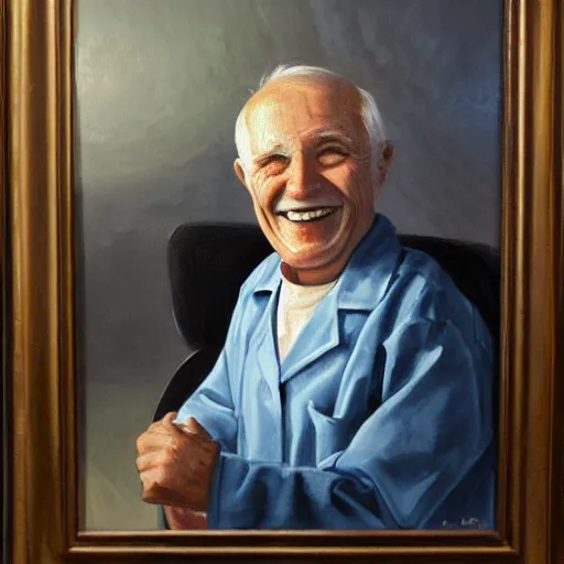 Image similar to a painting of a smiling old man wearing medical appliances