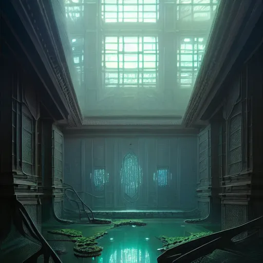 Image similar to professional ominous concept art architecture of a dark room with an indoor pond by artgerm and greg rutkowski. an intricate, elegant, highly detailed digital painting, concept art, smooth, sharp focus, illustration, in the style of simon stalenhag, wayne barlowe, and igor kieryluk.