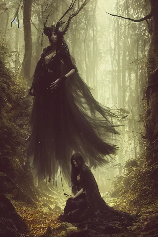 Image similar to a fancy illustrated portrait of a beautiful dark mage performing a ritual deep in a forest by Greg Rutkowski, Sung Choi, Mitchell Mohrhauser, Maciej Kuciara, Johnson Ting, Maxim Verehin, Peter Konig, final fantasy , mythical, 8k photorealistic, cinematic lighting, HD, high details, atmospheric,