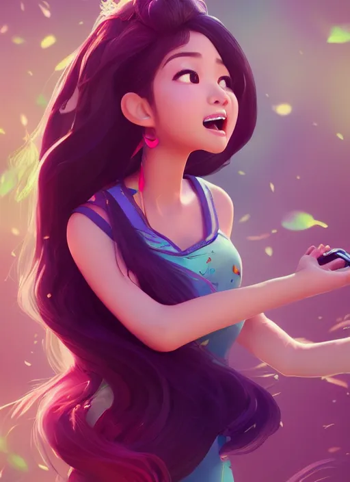 Prompt: a cute asian girl singing, flowing hair in the style of pixar animation, mid-shot, award winning, hyper detailed, studio lighting, artstation, octane renderer, unreal engine