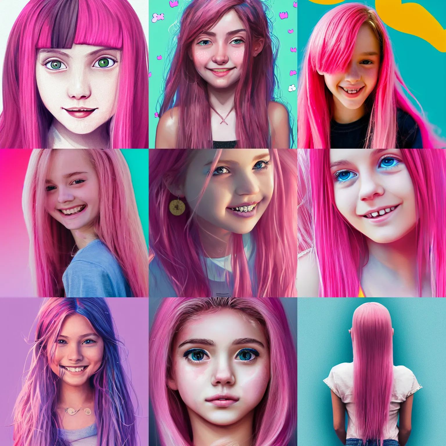 Prompt: A beautiful and very detailed portrait of a teenager girl with a long, pink hair and cute smiley face, 4K UHD, summer vibes, trending on artstation and behance