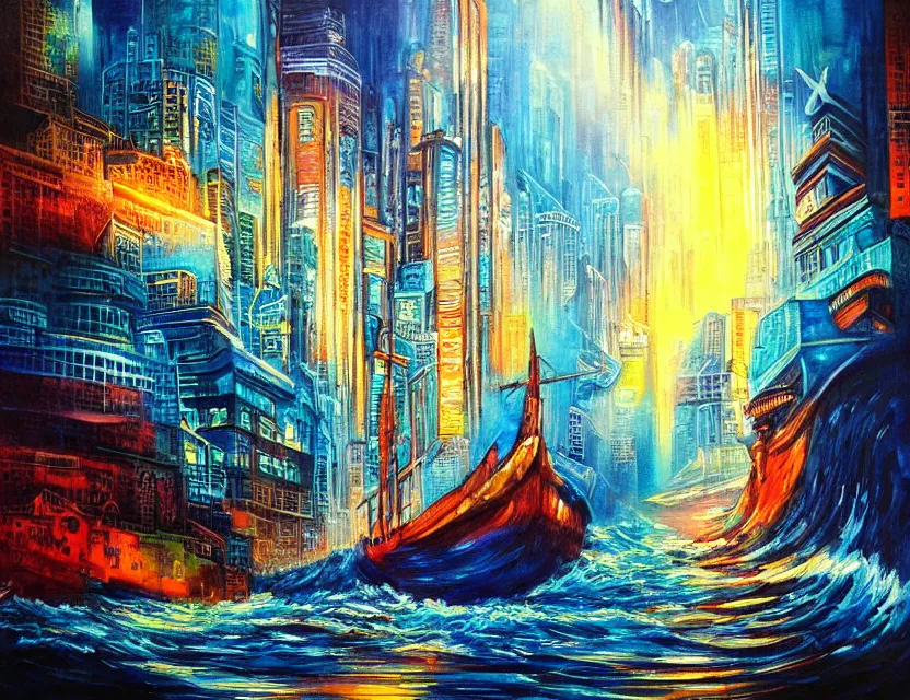Prompt: ocean spirit lost in a metropolis. this art noveau painting by the award - winning artist has dramatic lighting, an interesting color scheme.