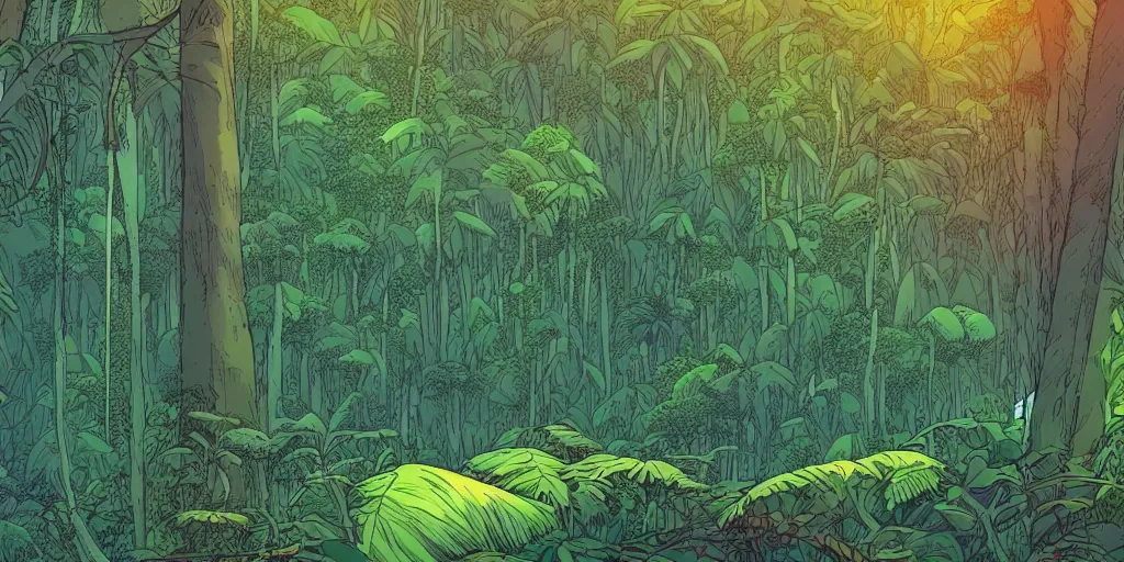 Prompt: wide view on jungle forest with large trees by moebius, clean line, colorful comics style, artstation