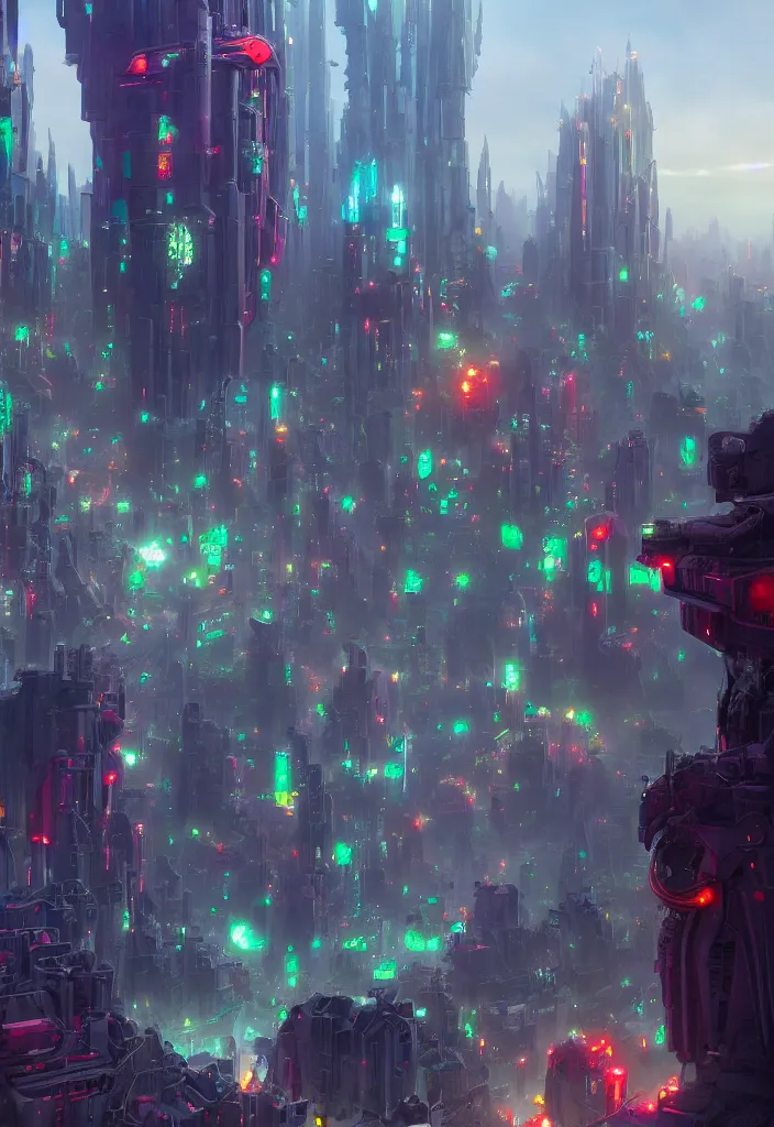 Prompt: ( emerald city ) a vibrant matte painting of a robotic monster in a futuristic city by simon beak and greg rutkowski, trending on artstation, unreal engine, 3 d 4 k, dynamic lighting, concpet art, sci - fi, dramatic lighting