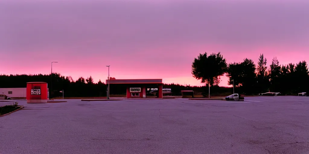 Prompt: a lonely port byron travel plaza in the middle of nowhere, sunset, eerie vibe, leica, 2 4 mm lens, cinematic screenshot from the 2 0 0 1 film directed by charlie kaufman, kodak color film stock, f / 2 2, 2 4 mm wide angle anamorphic