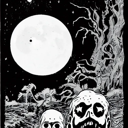 Image similar to ghosts in the bayou, heavy ink, moon in sky, green, mike mignola