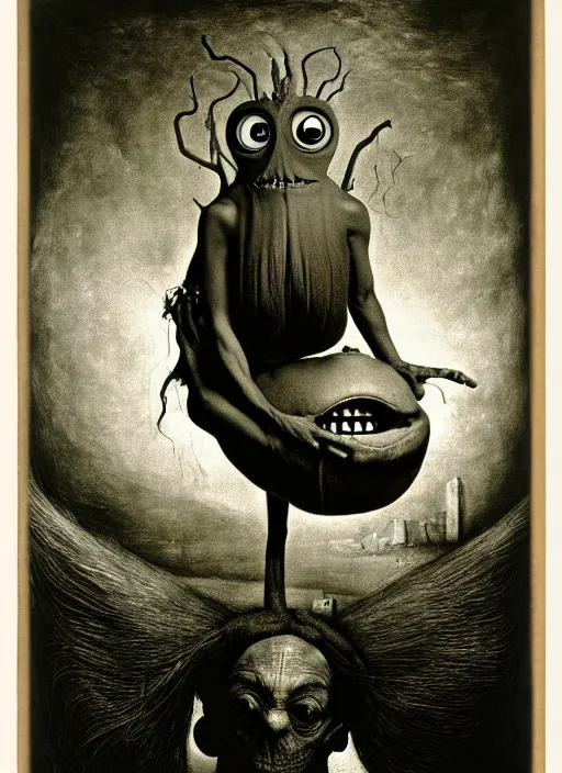 Prompt: photograph of mike wazowski by hieronymus bosch, joel peter witkin, misha gordin, gustave dore, matte painting
