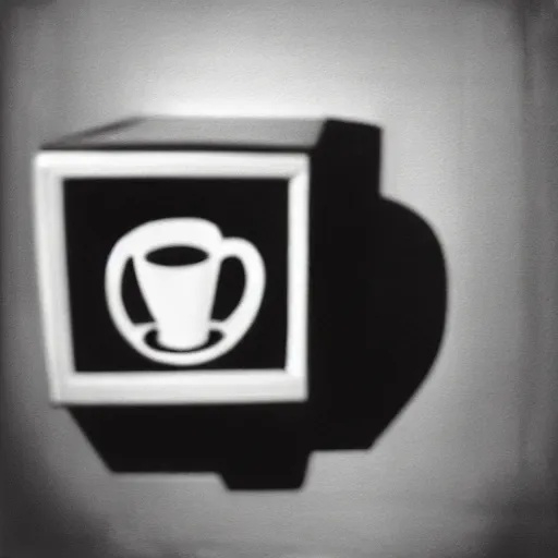 Prompt: a monochrome oil painting of a crt television next to a coffee mug, dark lighting, wikiart, black and white