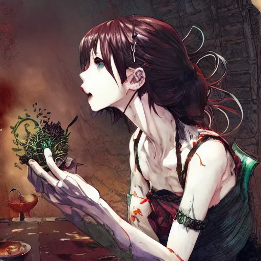 Image similar to goth woman eating dinner color page, tankoban, 4 k, tone mapping, akihiko yoshida, james jean andrei riabovitchev marc simonetti, yoshitaka amano, long hair, curly, h. hydrochaeri