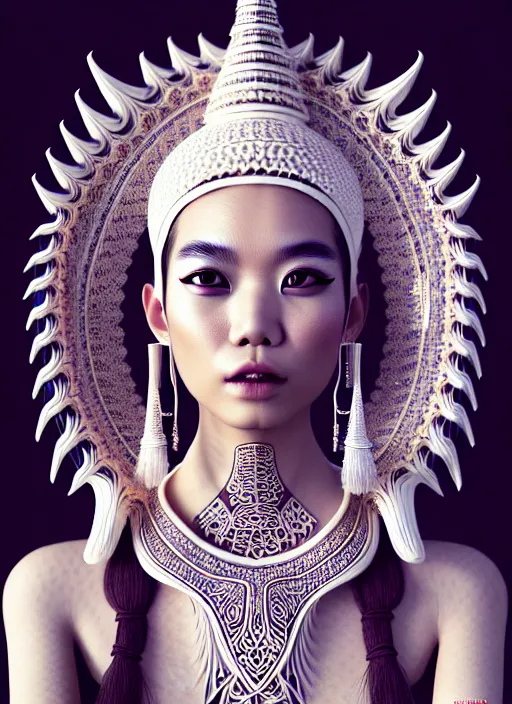 Prompt: absurdly beautiful young thai woman with symmetrical white makeup, wearing an intricate headdress made from bones, wearing large earrings made from white bones, hyperdetailed illustration by irakli nadar and alexandre ferra, intricate linework, unreal engine 5 highly rendered, global illumination, radiant light, detailed and intricate environment