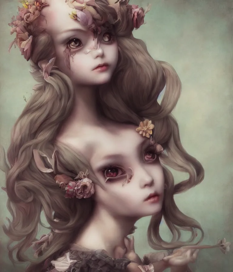 Image similar to anime 3 d art, wlop art, realistic marie antoinette girl painting, japanese street fashion, hyper realism, muted colours, rococo, natalie shau, anime, tom bagshaw, mark ryden, trevor brown style