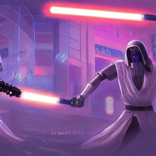 Prompt: Jedi lightsaber Duel in future japan at night, sword fight, Neon Lights, High contrast, concept art, fine details, studio ghibli, cinematic lighting, ghost-in-the-shell, cyberpunk,sci-fi, fantasy, intricate, elegant, highly detailed, digital painting, trending on artstation, concept art, smooth, sharp focus, illustration, by james gurney and greg rutkowski