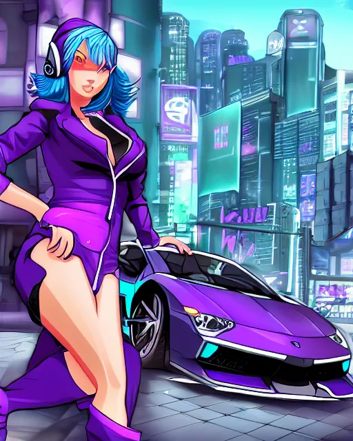 Image similar to cel shaded art of a pretty blue haired girl standing next to a purple lamborghinil, jet grind radio graphics, cyberpunk city street background