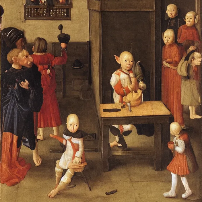 Prompt: a goblin child sitting alone watching children play, early netherlandish painting,