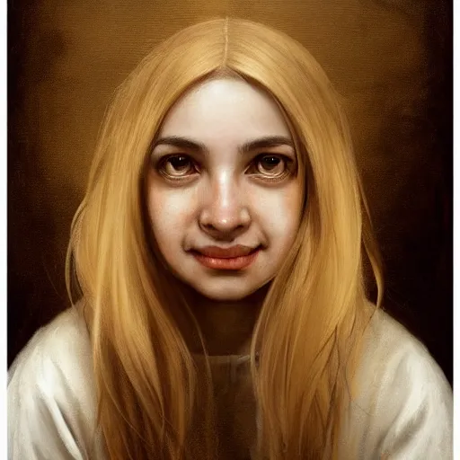 Image similar to a totally amazed smiling pretty spanish girl with blonde hair, long loose hair, precise linework, accurate brown eyes, small nose, beautiful smooth oval head, expressive emotions, hyper realistic ultrafine portrait by artemisia gentileschi, jessica rossier, greg rutkowski, artgerm