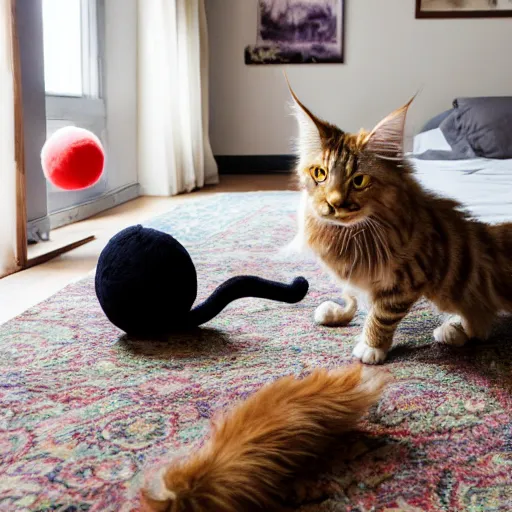 Prompt: cream color maine coon cat chasing a cat-toy-ball in a sunlit bedroom, hardwood floors with a colorful tattered old throw rug, bay window sofa in the background, fun, energetic, amusing, cute, funny, in style of Ruan Jia, trending on art station, 8K, 4K