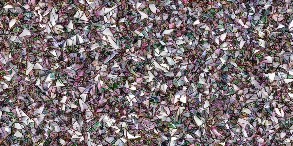 Prompt: irregular fractals of flamingo, segmented broken glass shards, motion blur, distortion