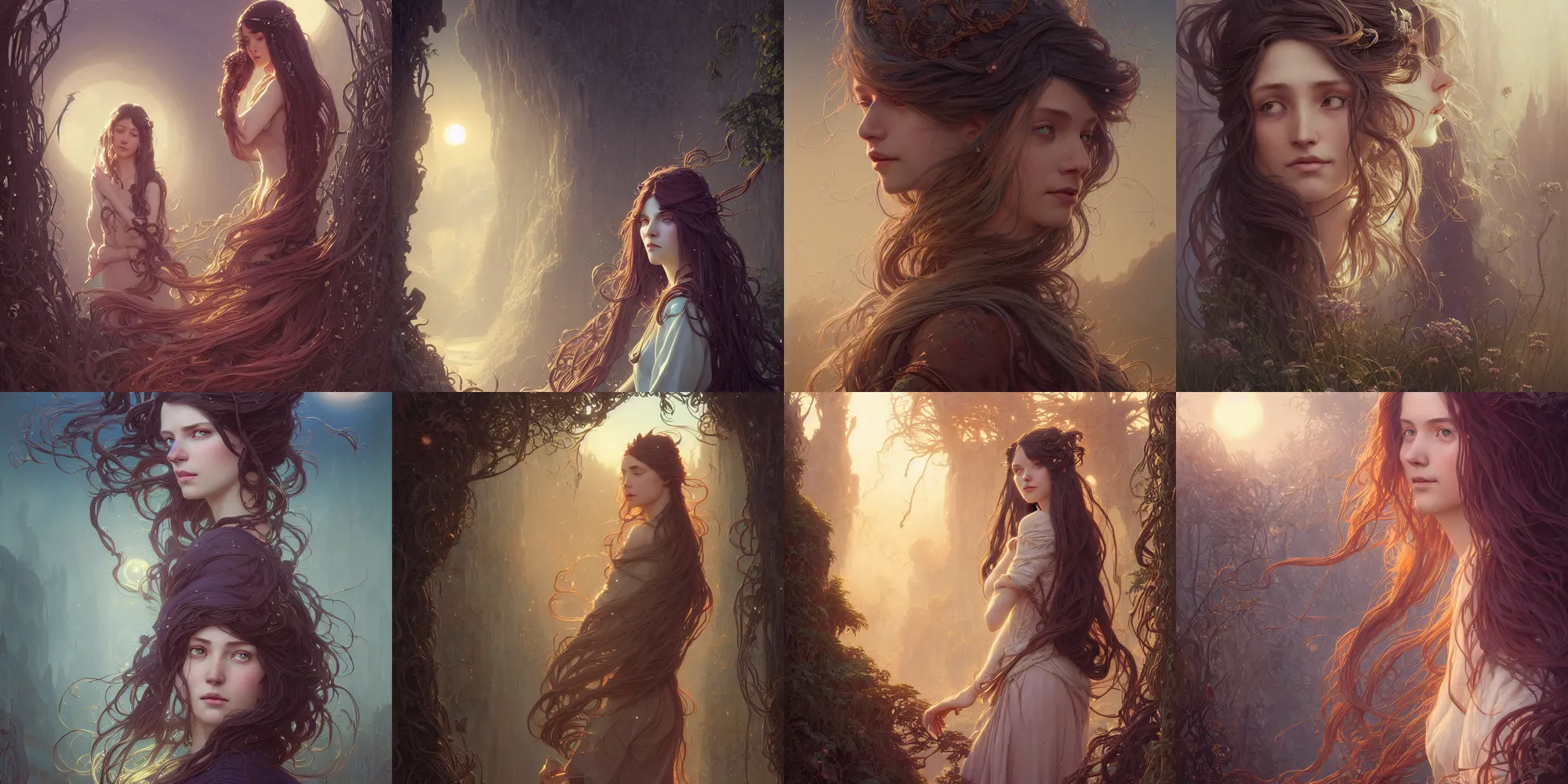 Image similar to highly detailed portrait of a woman with long hairs, stephen bliss, unreal engine, fantasy art by greg rutkowski, art nouveau, loish, rhads, ferdinand knab, makoto shinkai and lois van baarle, ilya kuvshinov, rossdraws, tom bagshaw, alphonse mucha, global illumination, radiant light, detailed and intricate environment