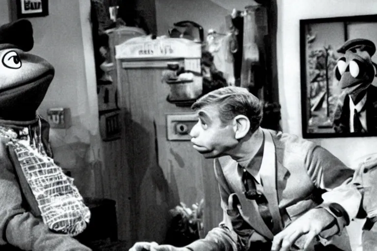 Image similar to “Film still of Kermit the Frog as Andy Griffith on the andy griffith show”