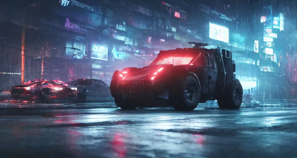 Prompt: closeup photo of combat tesla cybertruck driving on wet dystopian cyberpunk city streets at night, mad max, action, speed, volumetric lighting, hdr, need for speed, gta 5, forza, ridley scott, makoto shinkai, syd mead, craig mullins, cinematic, fast and furious, blade runner, octane, 8 k, iso 1 0 0, 1 2 mm