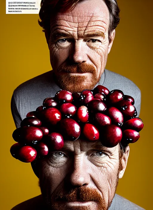 Prompt: cranberries fused with bryan cranston's face, red berry skin, cranberry helmet, studio light, bloom, detailed face, magazine, press, photo, steve mccurry, david lazar, canon, nikon, focus