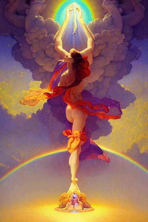 Image similar to beautiful woman opening portal to heaven and hell, vivid color, complementary color, golden ratio, detailed, sharp lines, sharp focus, intricate, rainbowshift, by maxfield parrish, by peter mohrbacher, by gustave dore, by artgerm, by alphonse mucha, deviantart, octane render