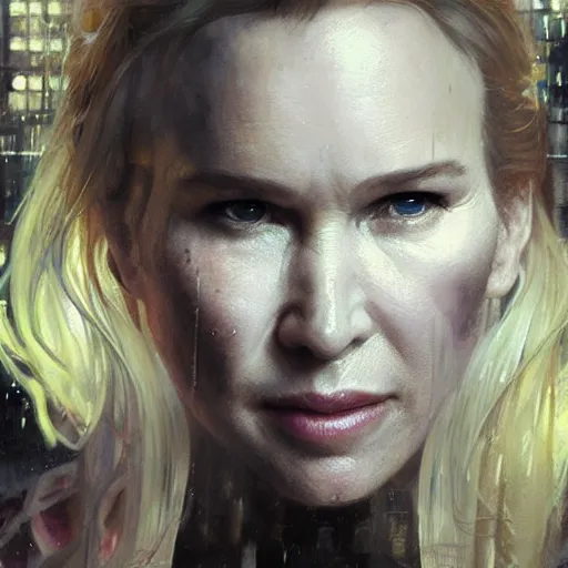 Image similar to renee zellweger, hyperrealistic portrait, bladerunner street, art of elysium by jeremy mann and alphonse mucha, fantasy art, photo realistic, dynamic lighting, artstation, poster, volumetric lighting, very detailed face, 4 k, award winning