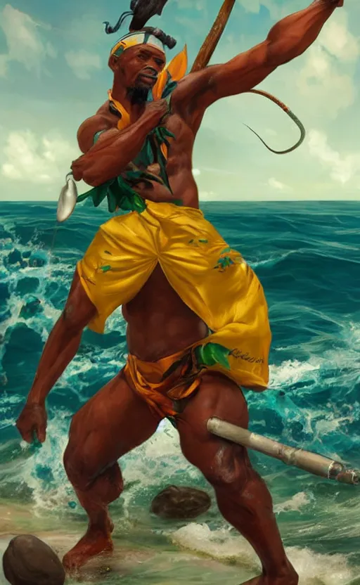 Image similar to character concept of a singular Jamaican fisherman posing in a battle stance in the Jamaican sea, colors of Jamaica, full-body character concept, cinematic, by Ross Tran and Artgerm and Peter Mohrbacher