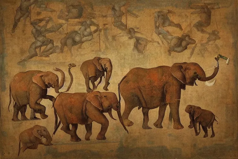 Prompt: “a Hellenistic painting of war elephants with missiles strapped to them, virtuoso, masterpiece, 8k, Michelangelo”