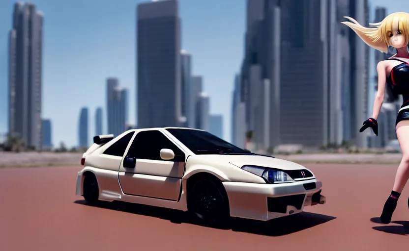 Prompt: photograph of a cell-shaded Honda EK9 Type-R with an anime girl, speeding on a desert road with a futuristic city in the horizon, kicking up dirt, action shot, one point perspective, 1-point perspective, tilt shift, sigma 85mm f/1.4, 4k, depth of field, high resolution, 4k, 8k, hd, full color