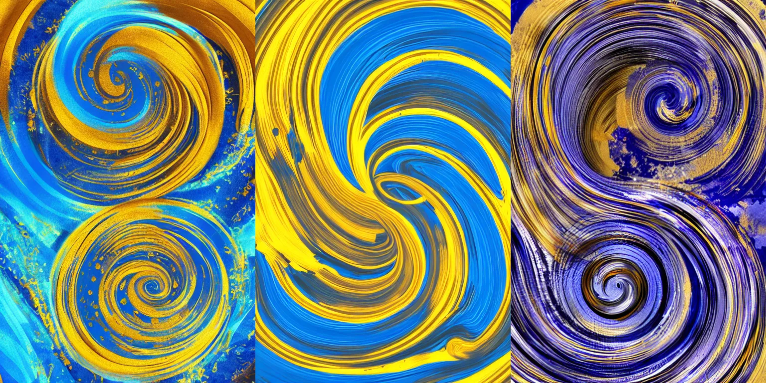 Prompt: flux, fluid, ink, swirl, whorl, spirals, scrolls, clouds, gold and blue. bloom, lighting, smooth. digital painting, hd, 4 k.