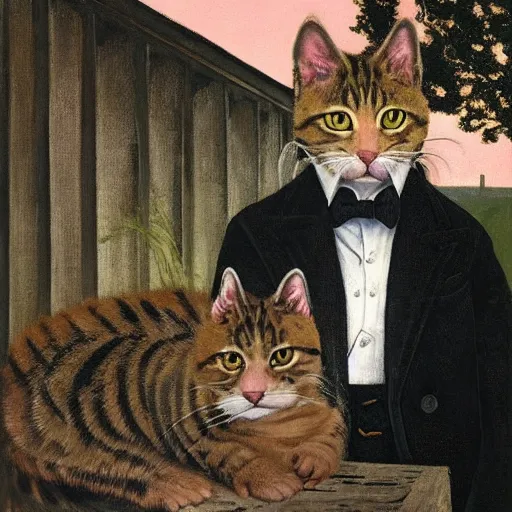 Image similar to fuzzy furry ears Portrait of Man camouflaged as Tabby Cat whilst wearing a pink tuxedo Standing atop a Garbage Truck Eric Ravilious Edward Hopper Newell Convers Wyeth Andrew Wyeth Jamie Wyeth