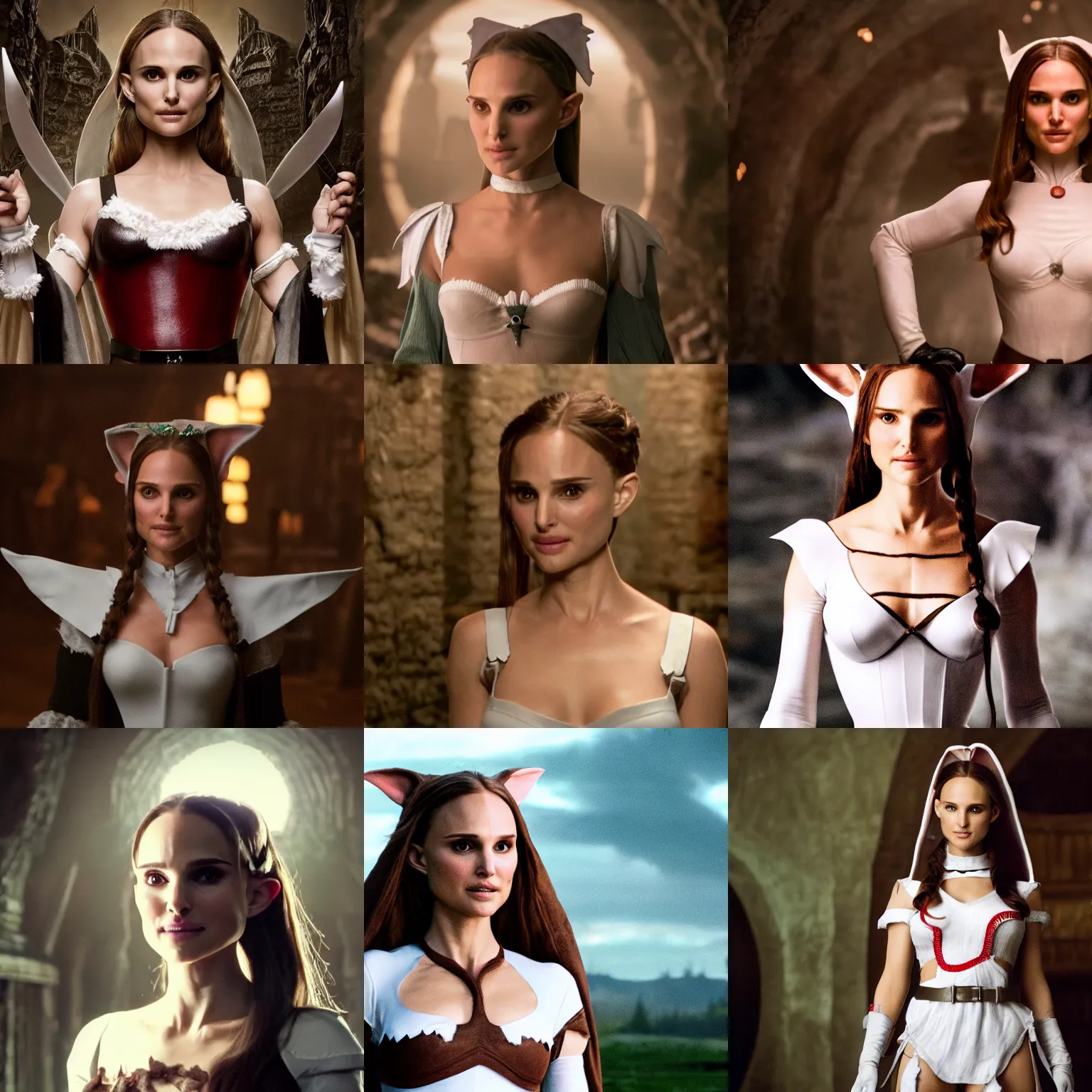 Prompt: high-resolution photo of elf Natalie Portman (youthful, symmetrical features, long pointed ears, wearing a french maid outfit) in Elden Ring the movie scene, 8k