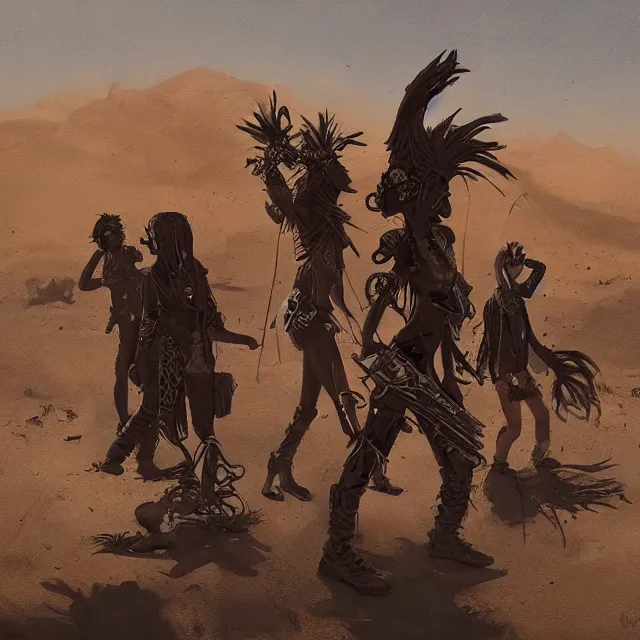 Prompt: a painting of a punk band in the desert by greg rutkowski, dark fantasy art, high detail, trending on artstation