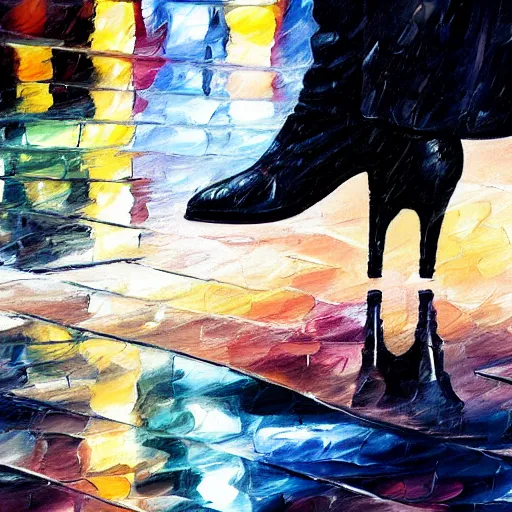 Image similar to close up of a womans high-heel shoe stepping into a shallow rain puddle on a busy crosswalk, by Leonid Afremov, reflections, matte painting, hyperrealism